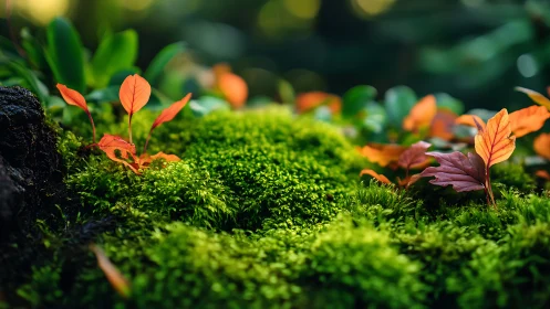 Selective focus captures moss micro-landscape and autumn seedlings