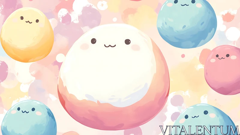 Pastel kawaii spheres float in soft-focus abstract space