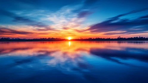 Sun aligns on horizon over still lake with mirrored clouds