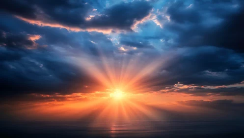 Radiant sunrise over calm sea wrapped in glowing clouds.