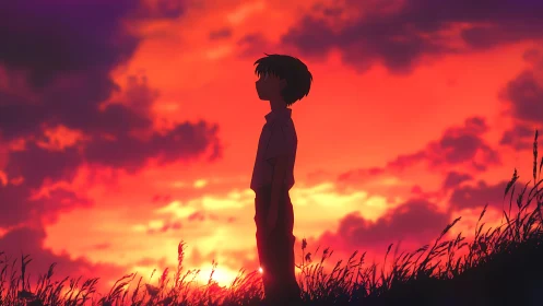 Anime silhouette study against chromatic sunset sky field.