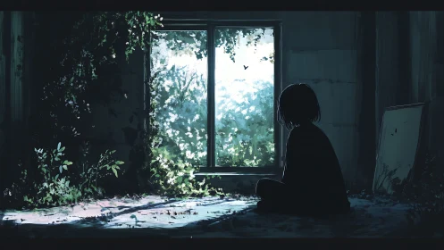 Solitary figure studies overgrown window in soft dawn light