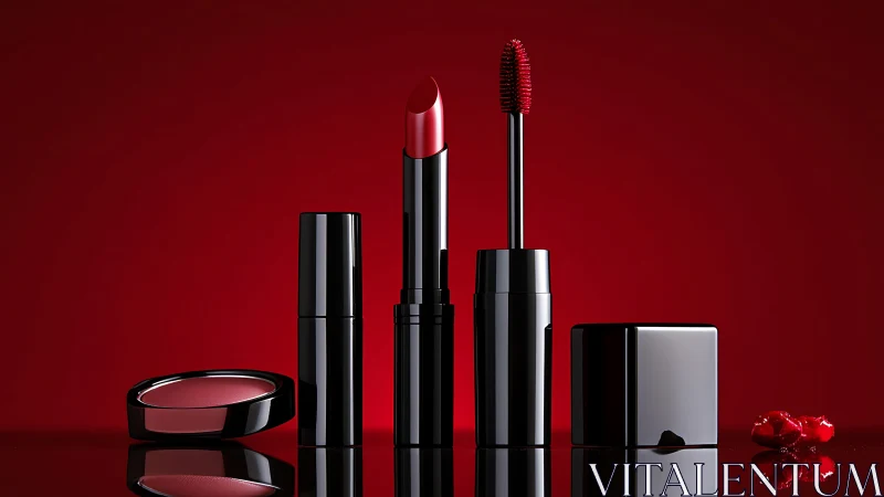 Red lipstick and gloss set on reflective red background.