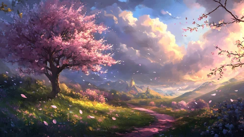 Springtime path toward distant castle under glowing skies.