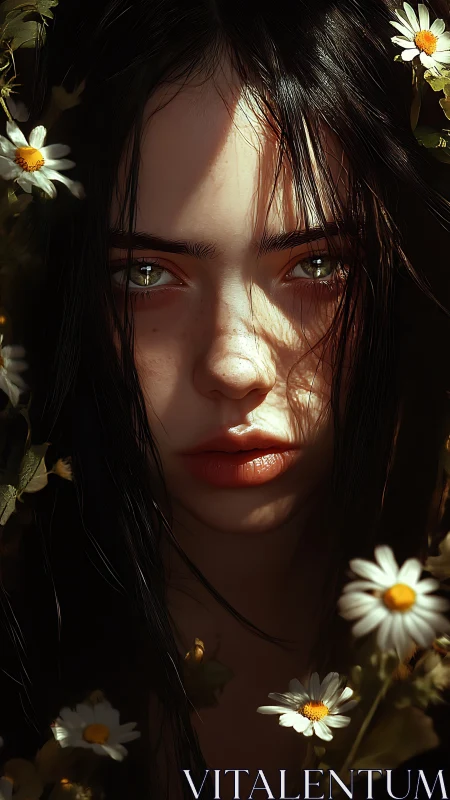 Shadowkissed wildflower muse framed in sun and daisies.