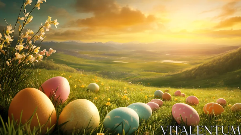 Gradient-lit hillside with pastel Easter eggs under atmospheric sunset