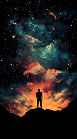 Silhouette observes luminous nebula sky over dark horizon.