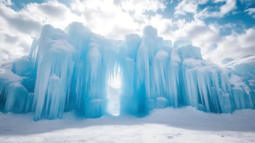 Massive blue ice wall with hanging icicles under sky