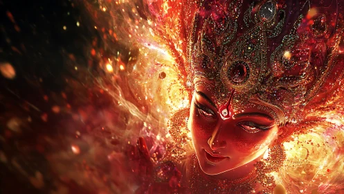 Radiant fiery goddess portrait rendered in glowing detail.