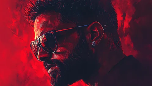 Neon red digital portrait of bearded man in reflective shades.