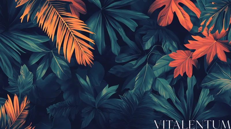 Lush teal jungle foliage with glowing orange leaves at dusk.