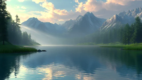 Mountain lake scene shows conifer forest and distant peaks