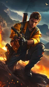 Volcanic ranger kneels in molten dusk with drawn sidearm.