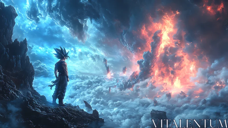 Wistful warrior gazing across a storm of fire and sky.