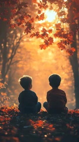 Two children sit under autumn leaves in warm backlight