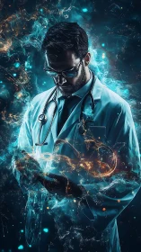 Cybernetic physician in luminous data-infused aura.