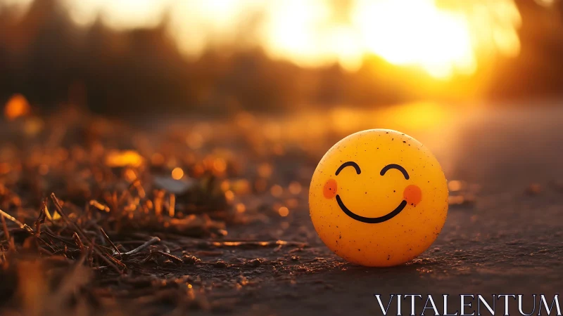Smiling yellow ball on ground in warm sunset light.