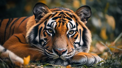 Resting Bengal tiger in shallow depth-of-field portrait study.