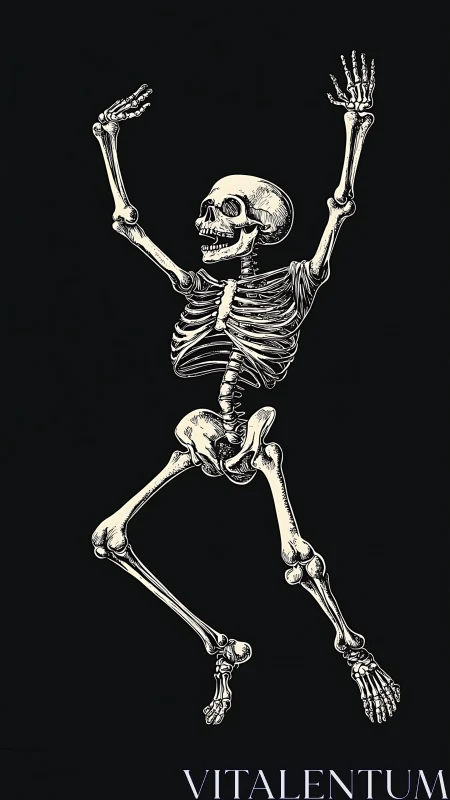 Human skeleton illustration on black background in motion.