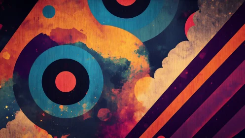 Retro concentric circles cut through vivid diagonal stripes.