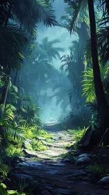 Volumetric Rainforest Corridor: Digital Rendering with Atmospheric Depth and Radial Path Composition