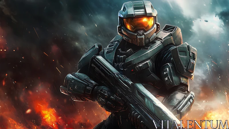 Armored sci fi supersoldier with rifle in explosive battlefield