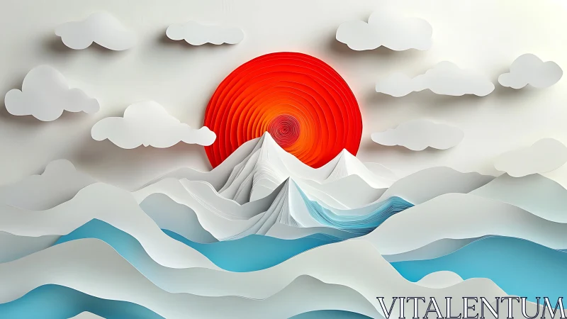 Layered paper mountains with red sun and stylized clouds