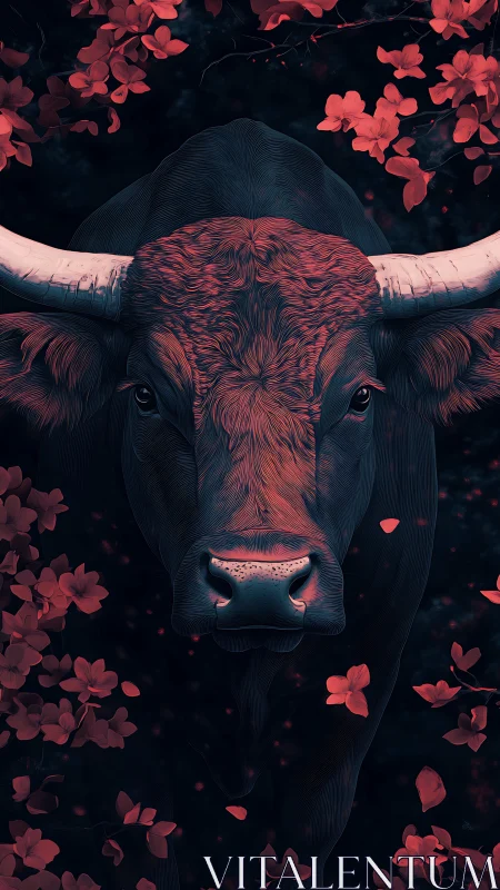 Gentle midnight bull framed by drifting crimson petals.