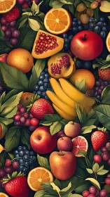 Mixed fruit assortment with leaves in detailed illustration.