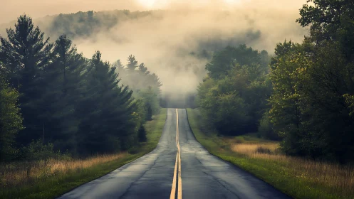 Misty Forest Highway Vanishing into Atmospheric Haze.