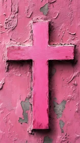 Weathered pink cross quietly glows over peeling plaster