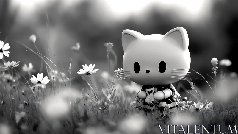 Monochromatic Three-Dimensional Feline Character in Wildflower Field.