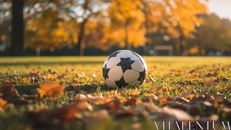 Soccer ball resting on autumn field in warm evening light.