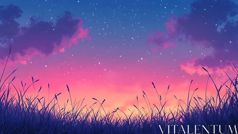 Neon twilight meadow under luminous star-filled sky.