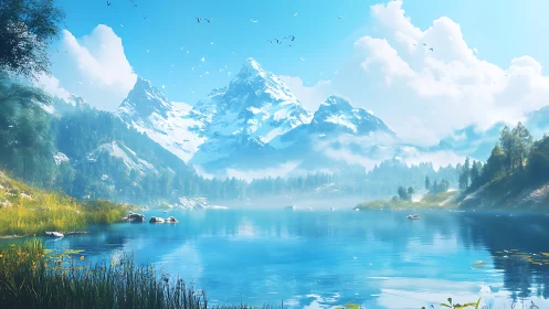 Glacial alpine basin with mirrorlike lake under volumetric cloudfield.