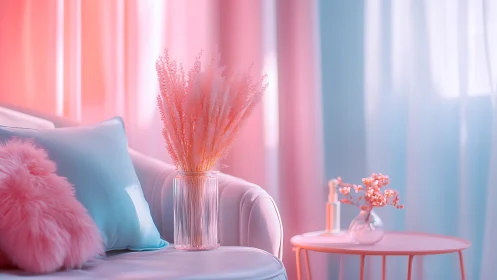 Soft-toned interior scene with sofa, side table, and florals.