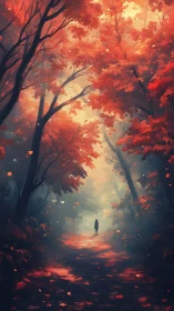 Crimson trees cradle a lone wanderer in misty twilight