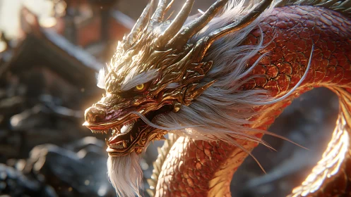 Gold and red serpentine dragon rendered in detailed profile.
