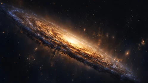 Edge-on spiral galaxy with luminous central bulge in space.