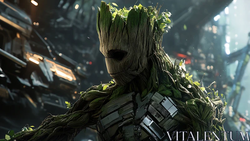 Wooden humanoid entity with foliage in sci-fi setting.