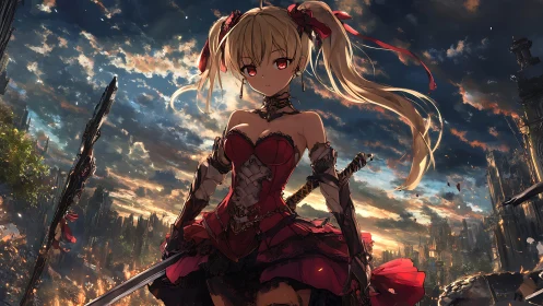 Sword-wielding anime girl in red dress amid ruined cityscape.