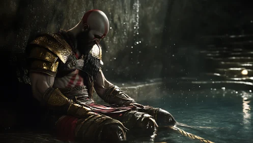 Armored warrior resting by cavern pool under diffused cascade.