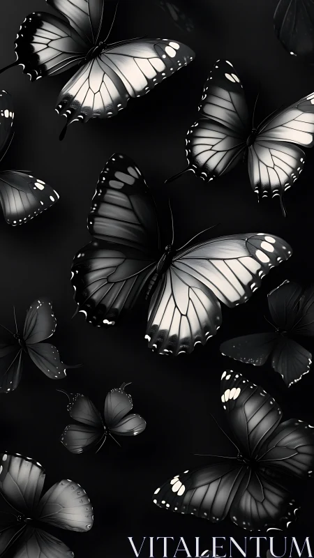 Monochrome butterflies drifting through soft shadowed void.