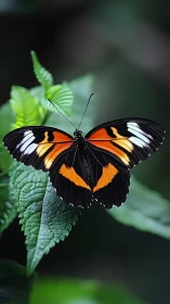 Black orange butterfly rests on textured green foliage