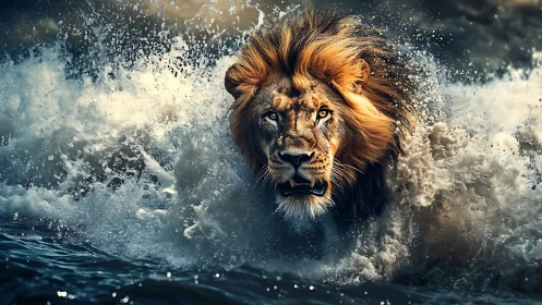 Ferocious lion bursts through crashing ocean surf in motion.
