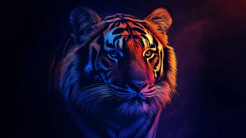 Bicolored rim-lit tiger portrait uses neon gradient side lighting