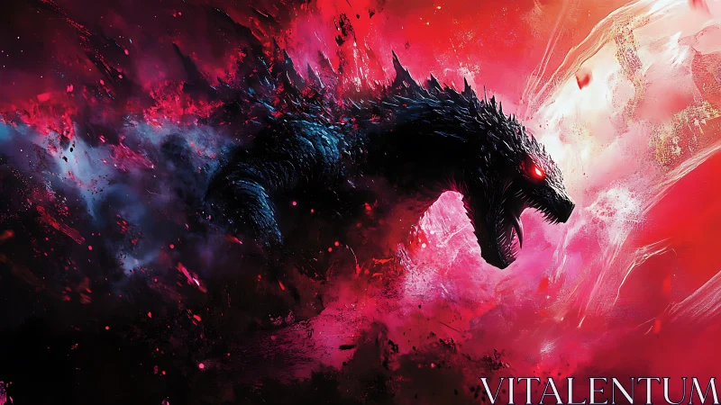 Kaiju silhouette erupts through crimson nebular energy field