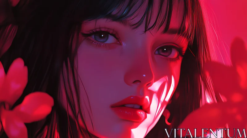 Crimson neon muse framed in soft petals and shadowplay.