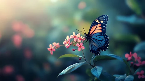 Photorealistic macro of monarch butterfly on pink blossom branch.