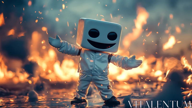 White cartoon figure in flame filled outdoor environment.